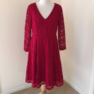 Torrid SZ 0X red lace dress with deep V neck .